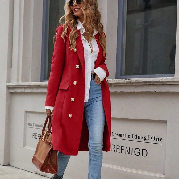 Red Casual Womens Lapel Neck Double Breasted Overcoat